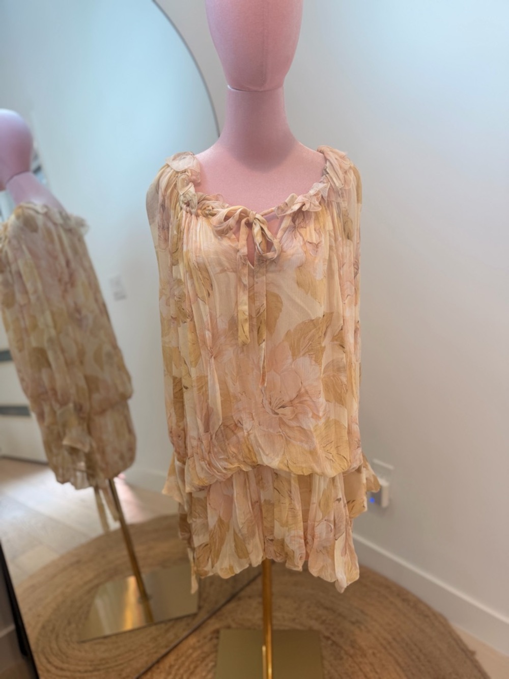 Zara Blush and Pale Yellow Floral Sheer Bubble Hem Dress